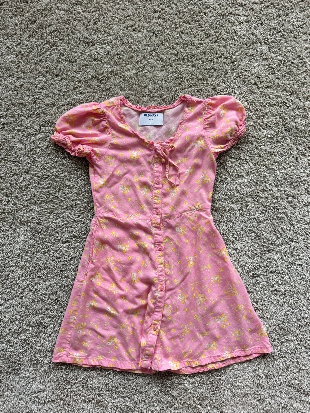 Old Navy Girls Pink Floral Dress Size Small 6/7 Puff Sleeve Button Front